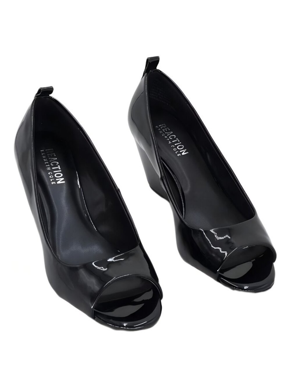 Kenneth Cole Reaction Elinor Pump Wedge Peep Toe Black Patent US 5.5M EU 35